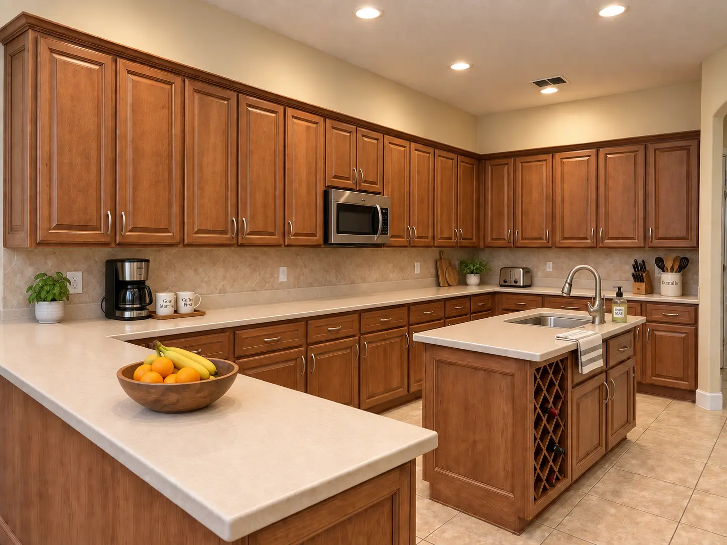 Kitchen with warm wood cabinets and light countertops before refinishing