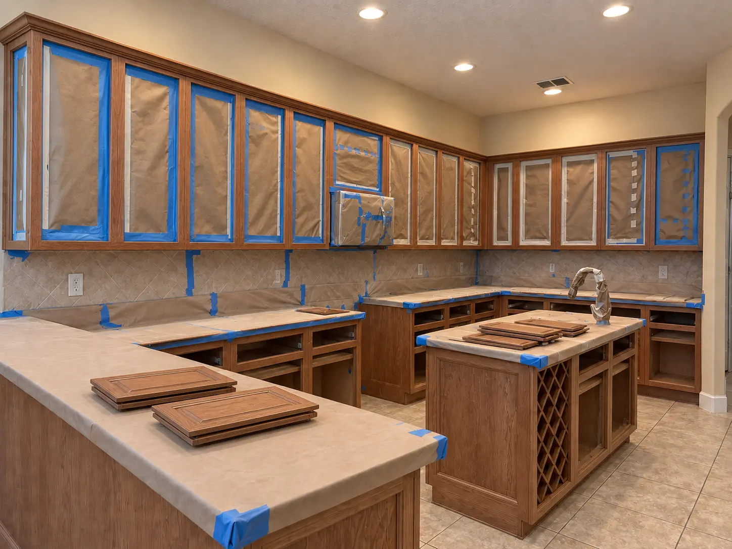 Kitchen cabinets masked with paper and tape in preparation for refinishing