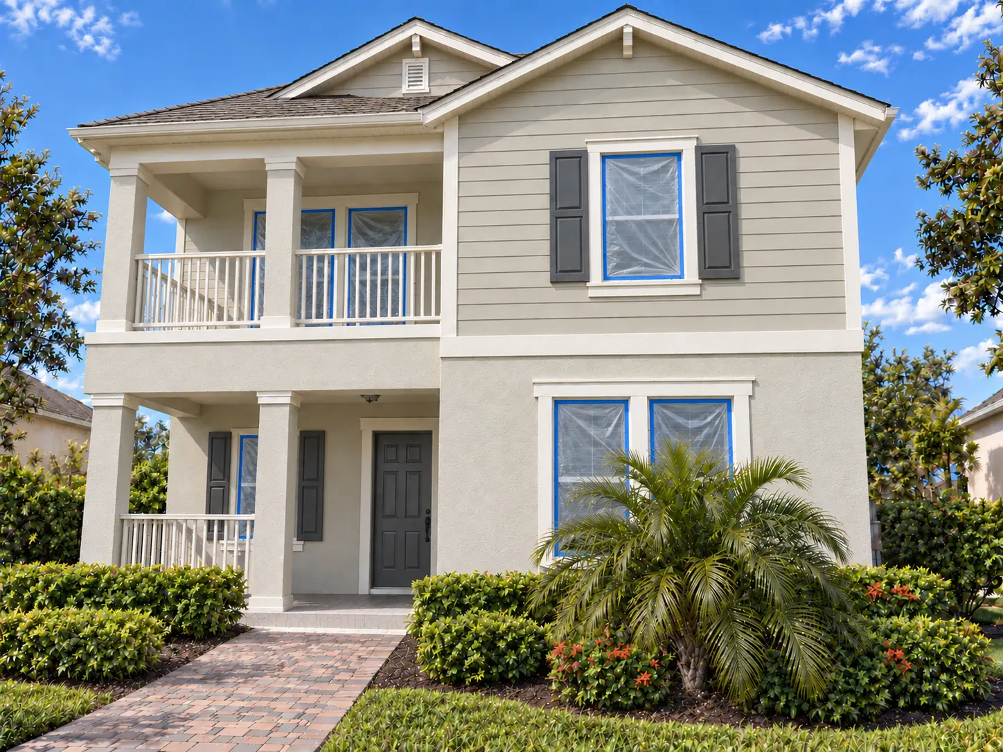 Two-story home with windows masked and taped, ready for exterior painting
