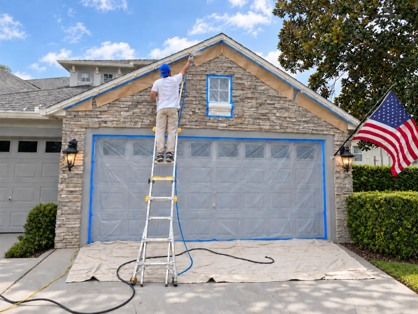 Painter on a ladder finishing the trim above a masked garage door