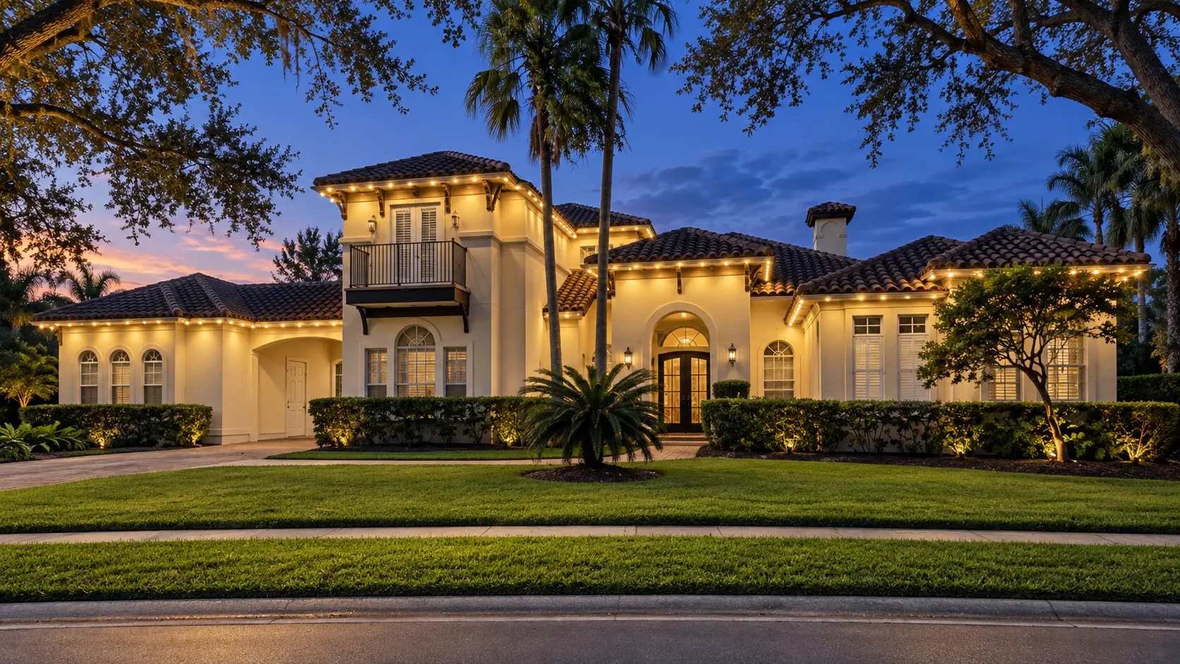 Orlando home outlined in warm white permanent roofline lighting at dusk
