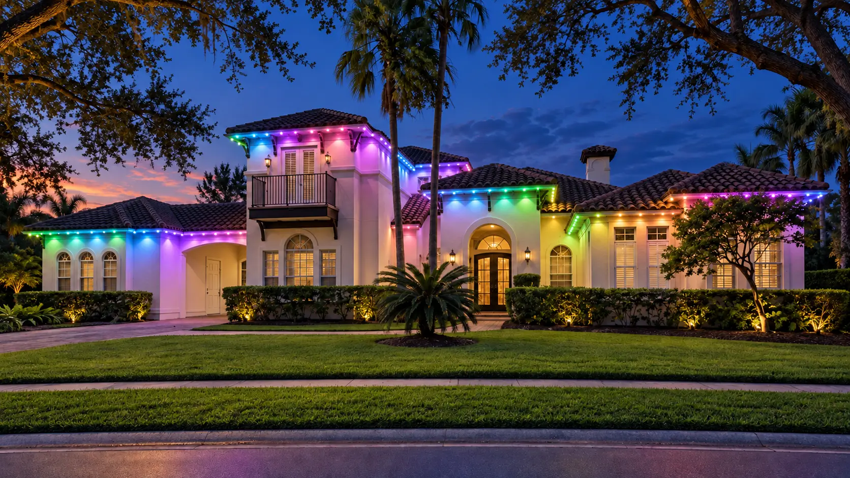 Same Orlando home lit in full-color permanent roofline lighting at night